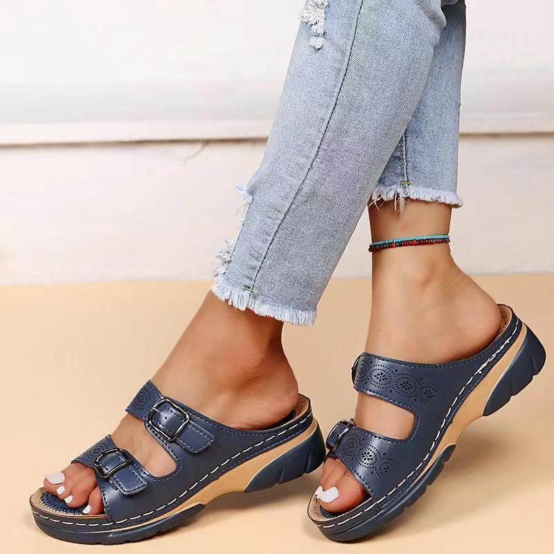 Women’s Open Toe Double Buckle Cutout Mule Sandals