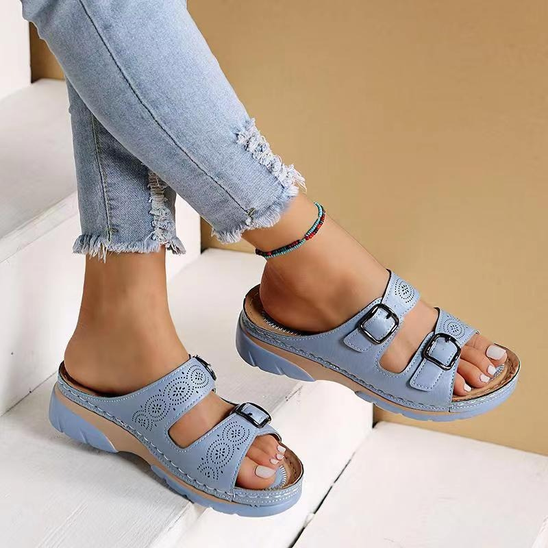 Women’s Open Toe Double Buckle Cutout Mule Sandals