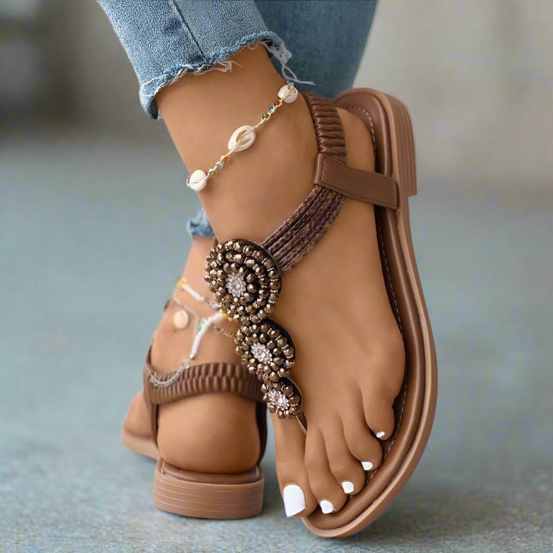 Women’s Open Toe Embellished T Strap Flat Sandals