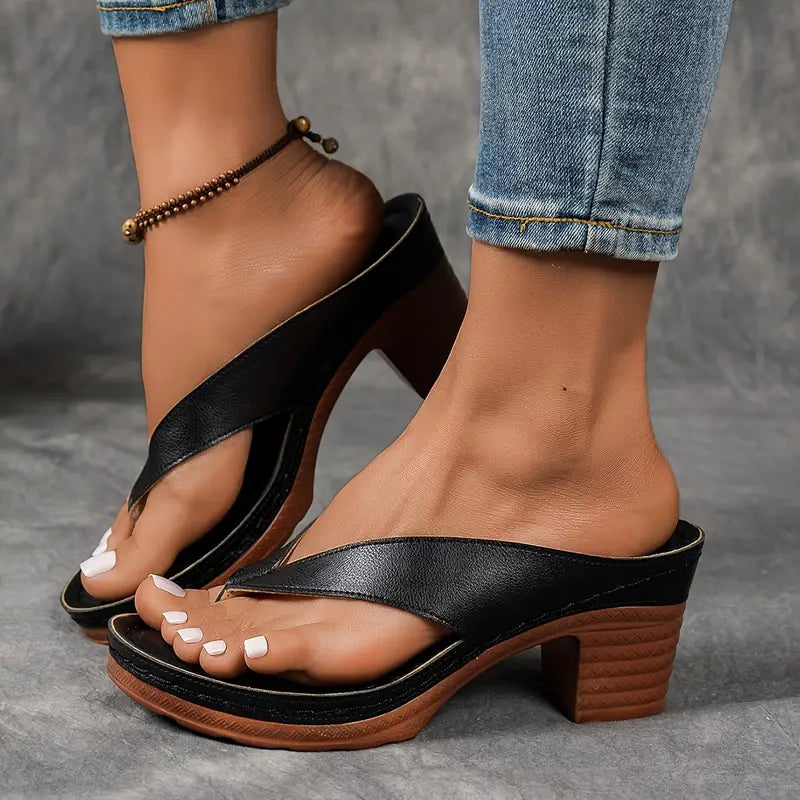 Women’s Open Toe Thong Strap Block Heel Slip On Heels