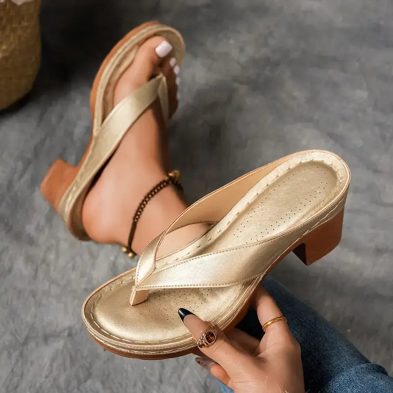 Women’s Open Toe Thong Strap Block Heel Slip On Heels