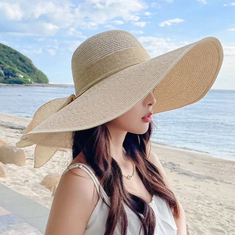 Women’s Oversized Wide Brim Straw Beach Hat with Bow
