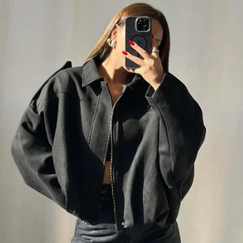 Women’s Oversized Zip Front Cropped Bomber Jacket
