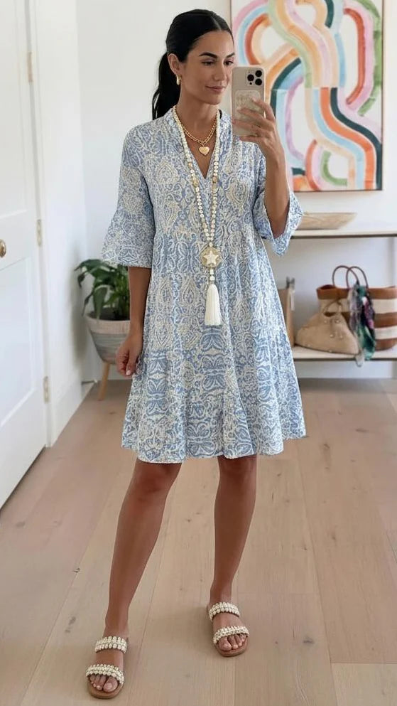 Women’s Paisley Print V Neck Short Sleeve A Line Midi Summer Dress