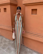 Women’s Patterned Halter Neck Backless Maxi Wedding Guest Dress