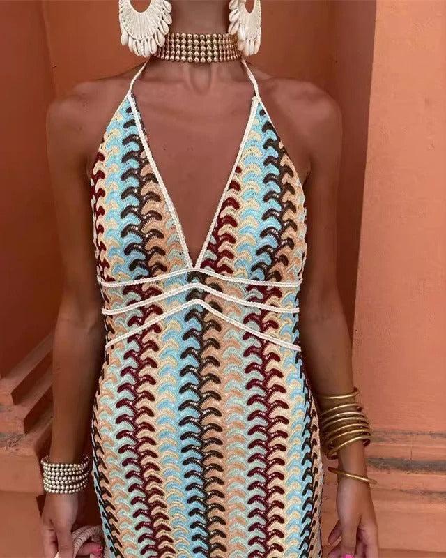 Women’s Patterned Halter Neck Backless Maxi Wedding Guest Dress
