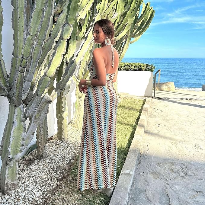 Women’s Patterned Halter Neck Backless Maxi Wedding Guest Dress