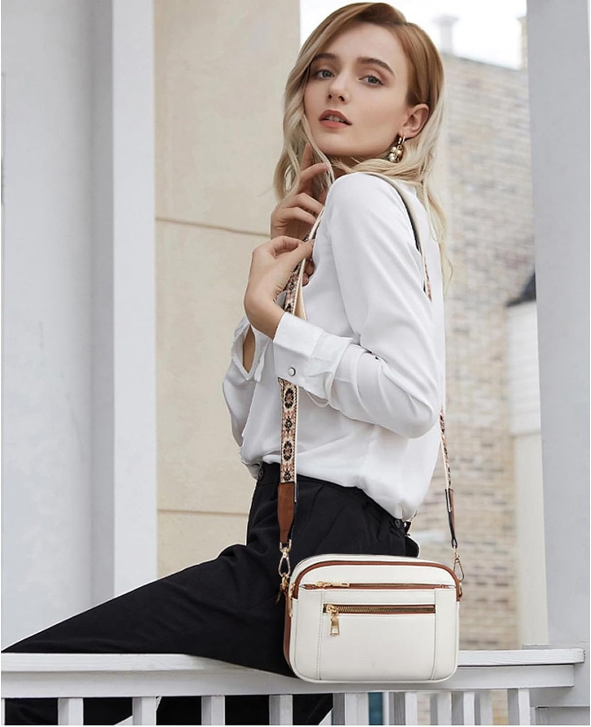 Women's Patterned Strap and Zippered Compartments Rectangular Bag