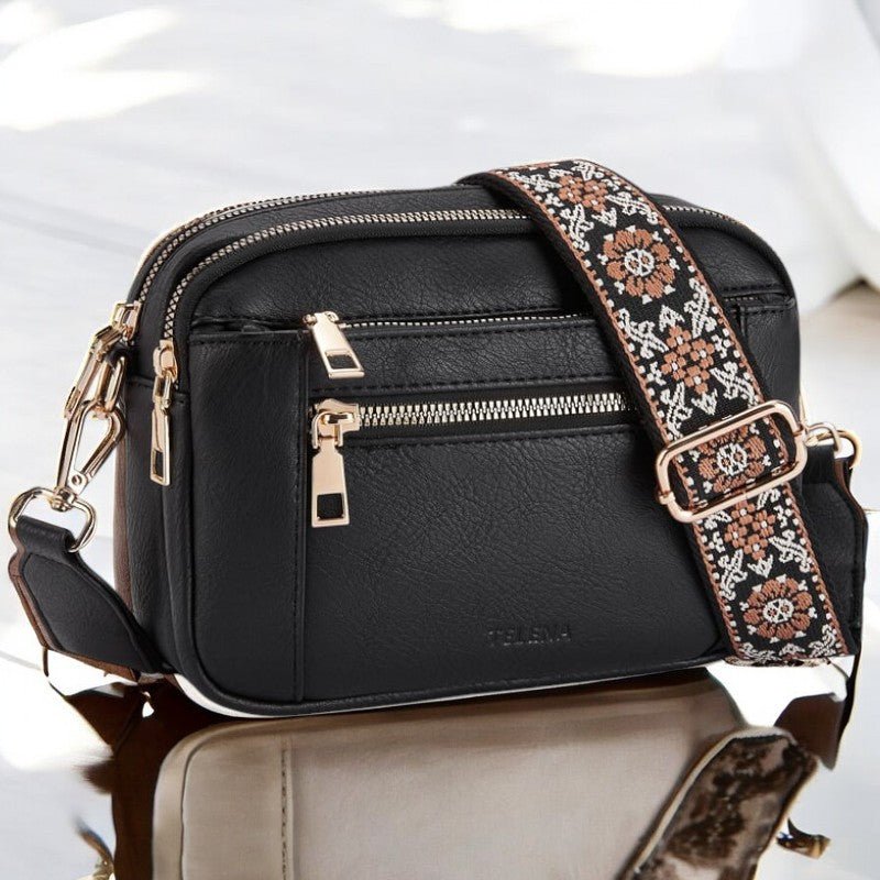 Women's Patterned Strap and Zippered Compartments Rectangular Bag