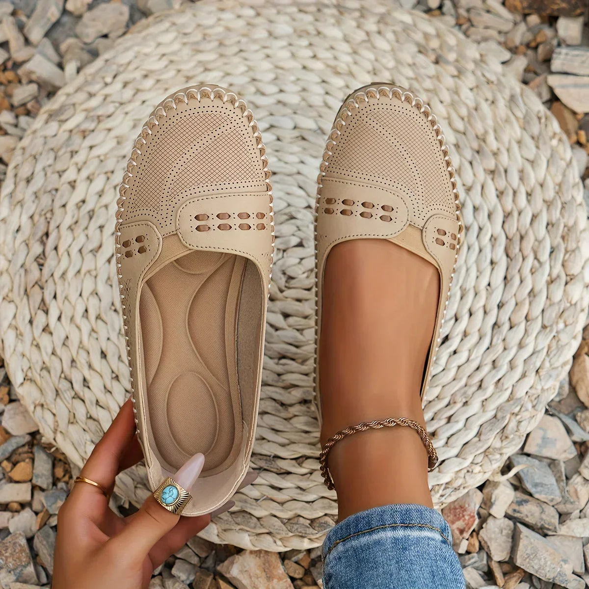 Women's Perforated Slip On Round Toe Flat Sole Shoes