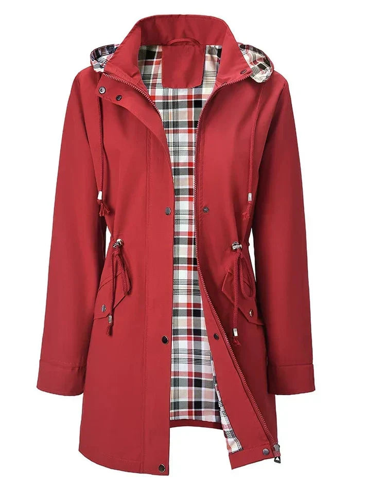 Women's Plaid-Lined Hooded Drawstring Waterproof Rain Jacket