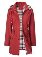 Women's Plaid-Lined Hooded Drawstring Waterproof Rain Jacket