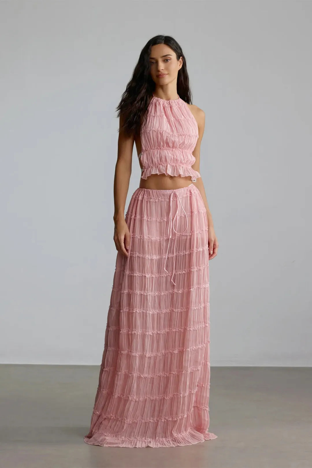 Women's Pleated Halter Backless Crop Top Maxi Skirt Set