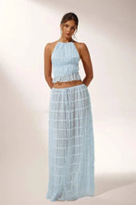 Women's Pleated Halter Backless Crop Top Maxi Skirt Set