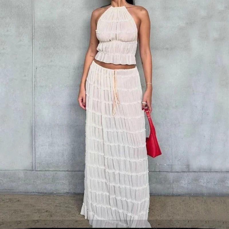 Women's Pleated Halter Backless Crop Top Maxi Skirt Set