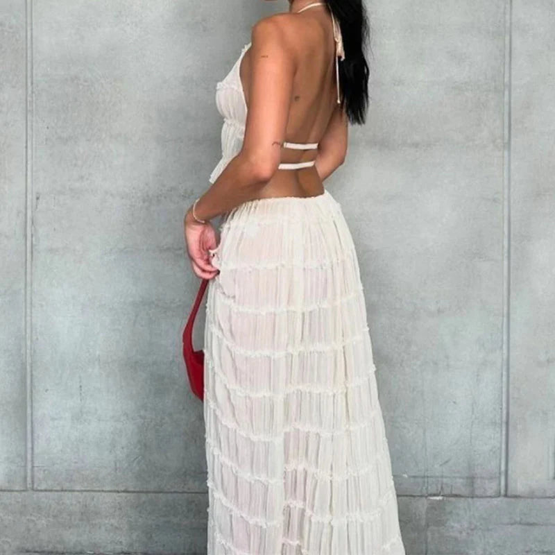 Women's Pleated Halter Backless Crop Top Maxi Skirt Set