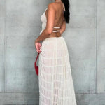 Women's Pleated Halter Backless Crop Top Maxi Skirt Set