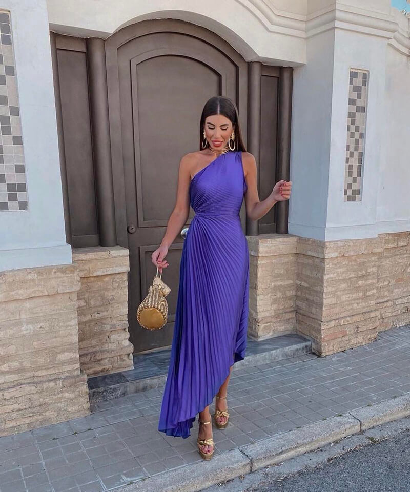 Women’s Pleated One Shoulder Cutout Asymmetrical Midi Wedding Guest Dress