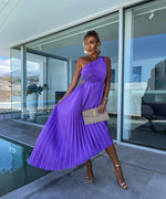 Women’s Pleated One Shoulder Cutout Asymmetrical Midi Wedding Guest Dress