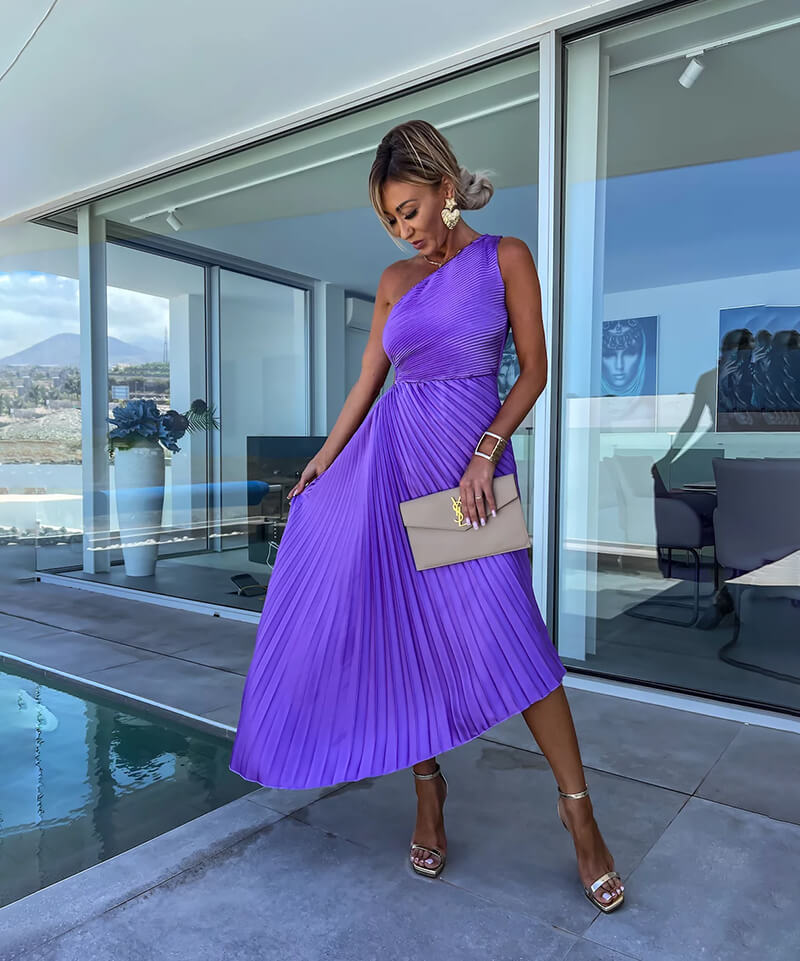 Women’s Pleated One Shoulder Cutout Asymmetrical Midi Wedding Guest Dress