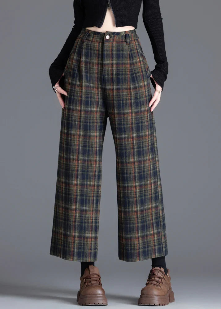 Women's Pleated Plaid Wide-Leg Cropped Pants