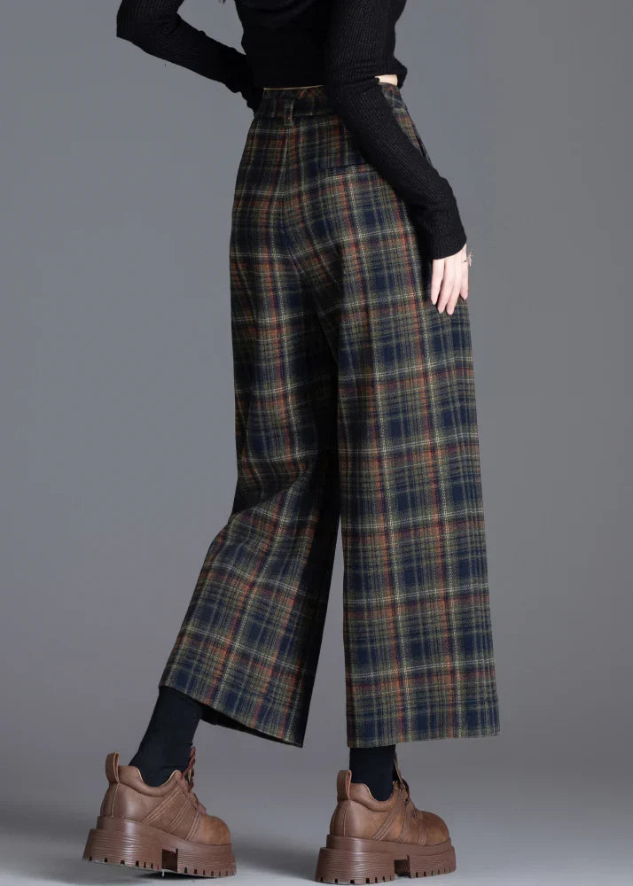 Women's Pleated Plaid Wide-Leg Cropped Pants