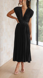 Women’s Pleated V Neck Cap Sleeve Midi Wedding Guest Dress