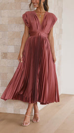Women’s Pleated V Neck Cap Sleeve Midi Wedding Guest Dress