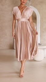 Women’s Pleated V Neck Cap Sleeve Midi Wedding Guest Dress