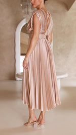 Women’s Pleated V Neck Cap Sleeve Midi Wedding Guest Dress