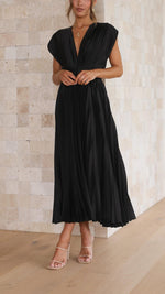Women’s Pleated V Neck Cap Sleeve Midi Wedding Guest Dress
