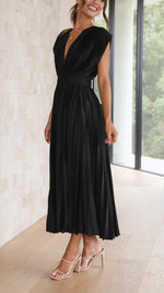 Women’s Pleated V Neck Cap Sleeve Midi Wedding Guest Dress