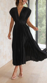 Women’s Pleated V Neck Cap Sleeve Midi Wedding Guest Dress