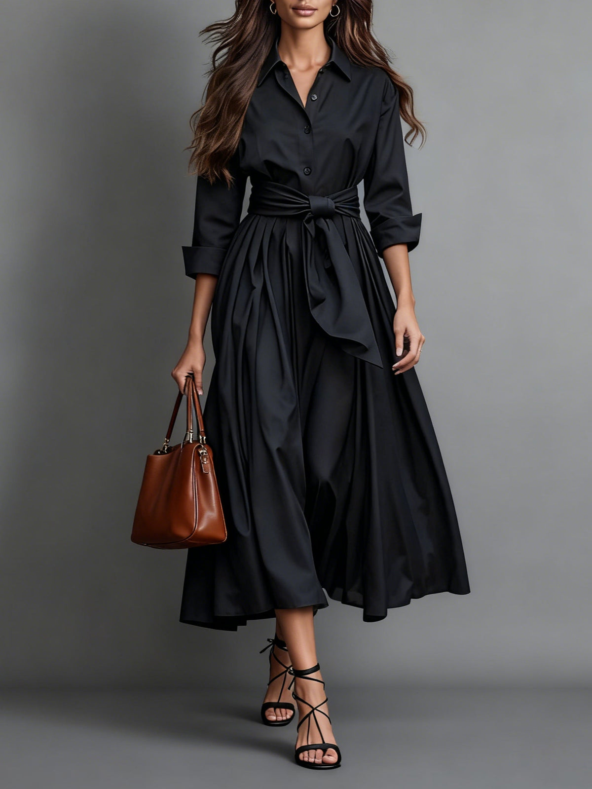 Women's Pointed-Collar Midi Shirt Dress