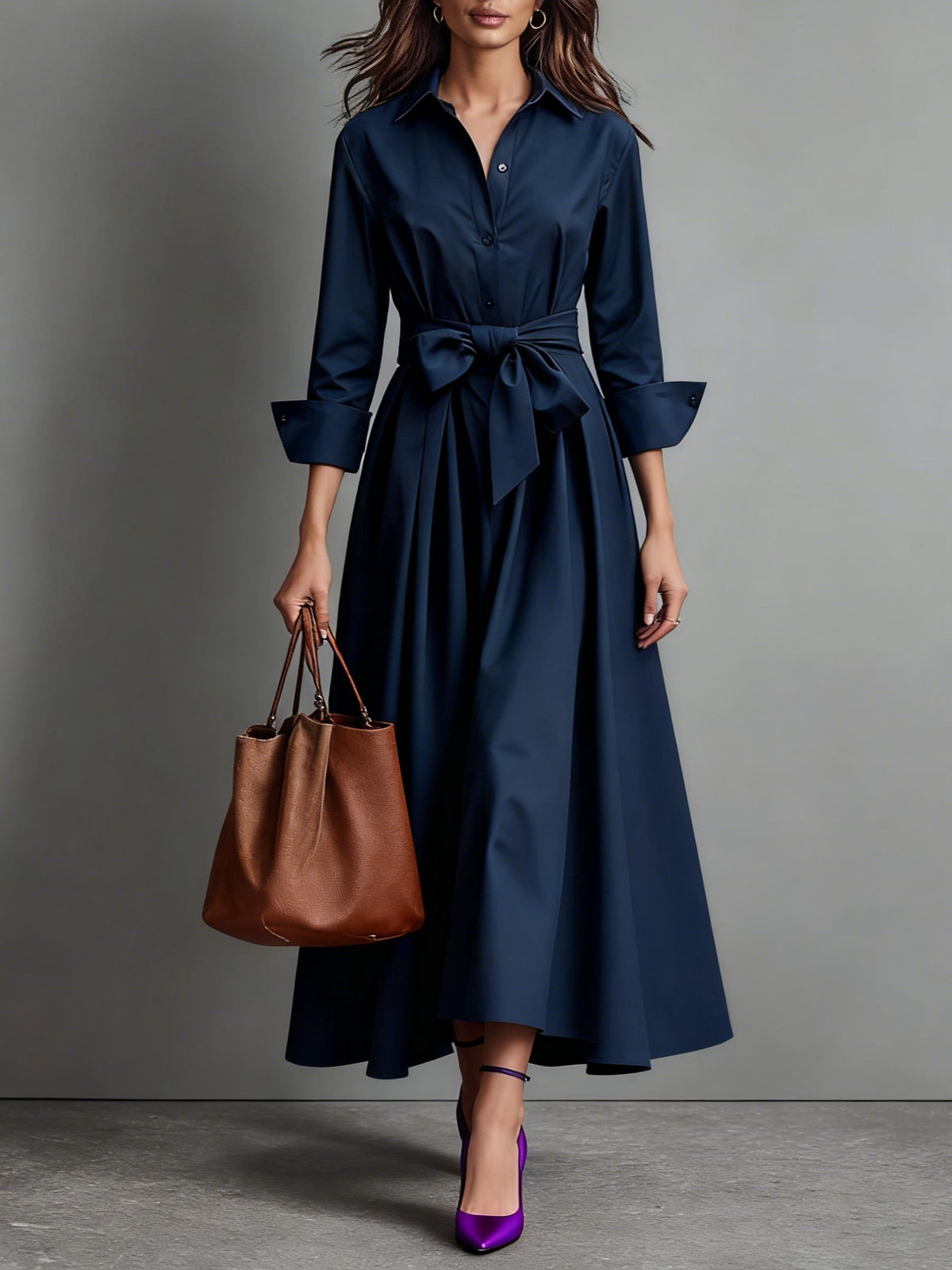 Women's Pointed-Collar Midi Shirt Dress