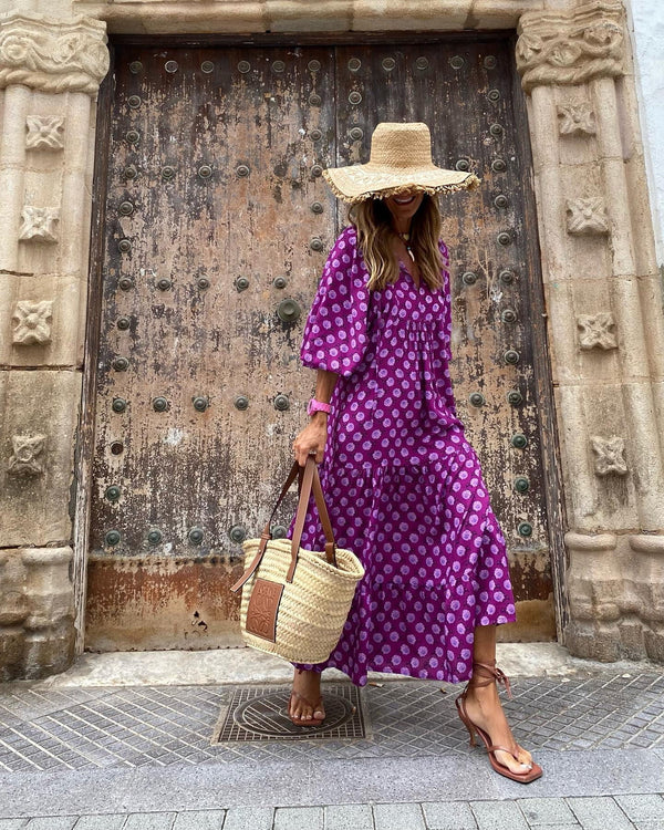 Women's Printed V Neck Puff Sleeve Tiered Ruffle Hem Long Maxi Dress