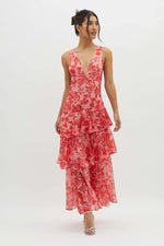 Women’s Printed V Neck Ruffle Tiered Maxi Wedding Guest Dress