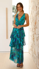 Women’s Printed V Neck Ruffle Tiered Maxi Wedding Guest Dress