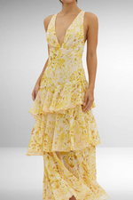 Women’s Printed V Neck Ruffle Tiered Maxi Wedding Guest Dress