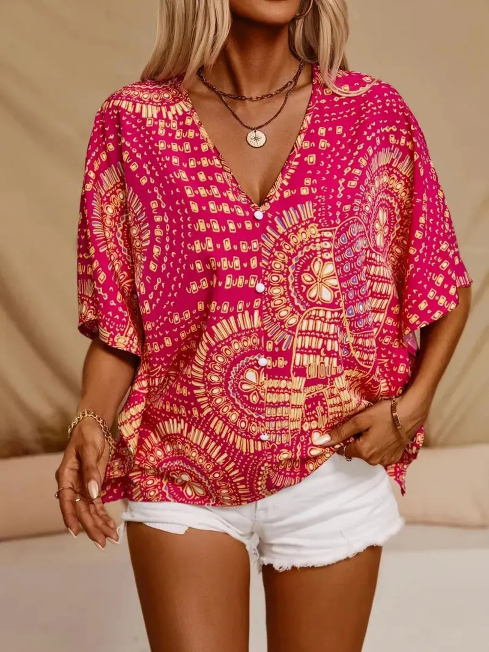 Women’s Printed V-Neck Short Sleeve Loose Fit Blouse