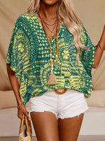 Women’s Printed V-Neck Short Sleeve Loose Fit Blouse