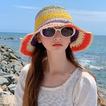 Women’s Rainbow Crochet Straw Bucket Hat