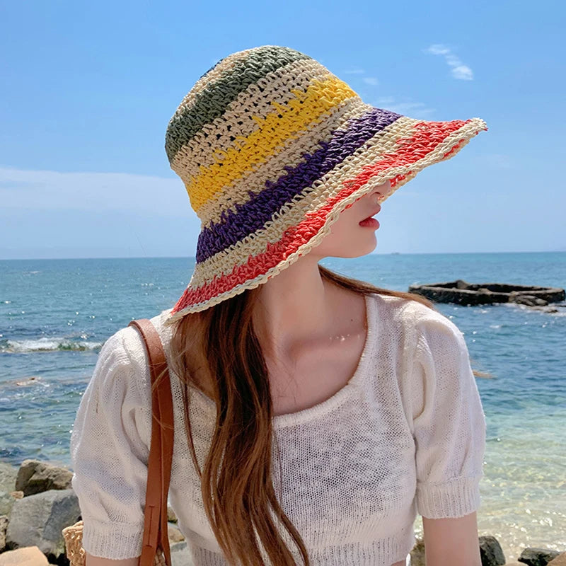 Women’s Rainbow Crochet Straw Bucket Hat