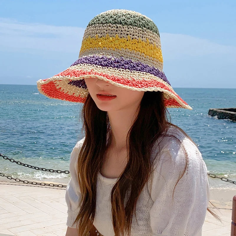Women’s Rainbow Crochet Straw Bucket Hat