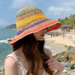 Women’s Rainbow Crochet Straw Bucket Hat