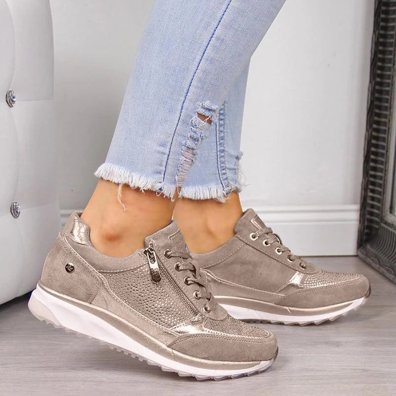 Women's Rhinestone Accented Side-Zip Lace-Up Sneakers