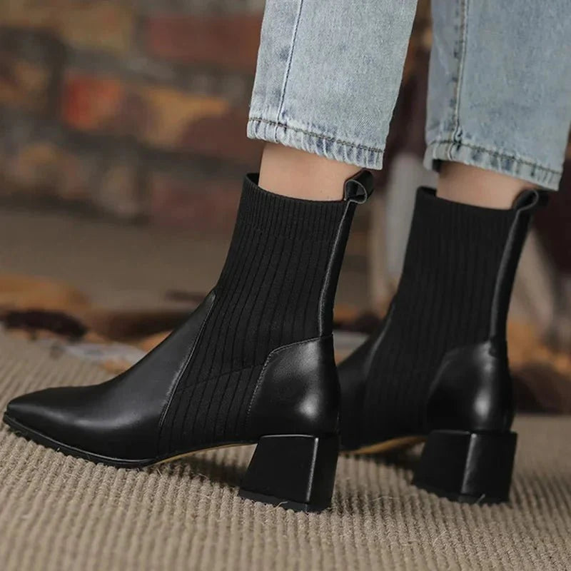 Women’s Ribbed Knit Sock Block Heel Ankle Boots