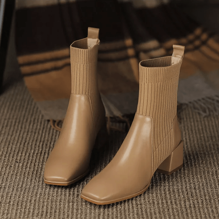 Women’s Ribbed Knit Sock Block Heel Ankle Boots