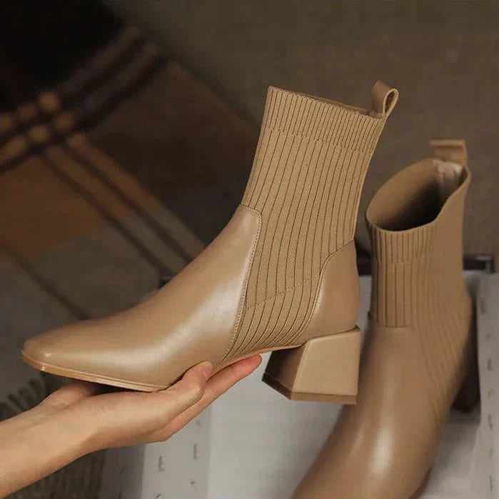 Women’s Ribbed Knit Sock Block Heel Ankle Boots