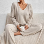 Women’s Ribbed Knit V-Neck Long Sleeve 2 Piece Lounge Set